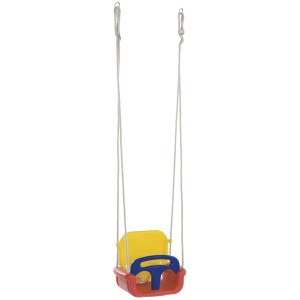Seggiolino per bambini regolabile rosso, giallo e blu per altalene. Supporto sicuro per i più piccoli.
