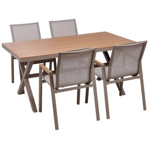 Ensemble de jardin Beliani Tiano: table rectangulaire plateau aspect bois, 4 chaises aluminium textile, gris-brun.