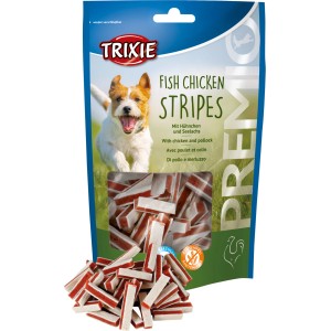 Trixie Premio Fish Chicken Stripes snack per cani, confezione da 75g di strisce di pollo e pesce.