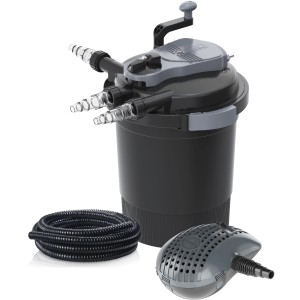 Set filtro a pressione Heissner FPU 10000 con chiarificatore UVC, pompa e tubo per laghetti fino a 10.000 l.