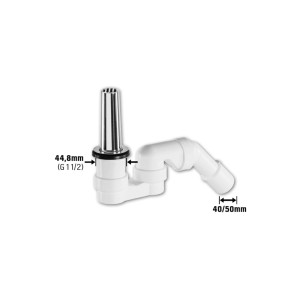 Gros plan d'une soupape de tuyau vertical blanche (44,8 mm) pour receveur de douche, avec siphon et tuyau d'évacuation.