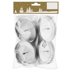 Quatre bougeoirs ronds en métal argenté (8 cm) pour couronne de l'Avent ou décoration de Noël, sous emballage transparent.