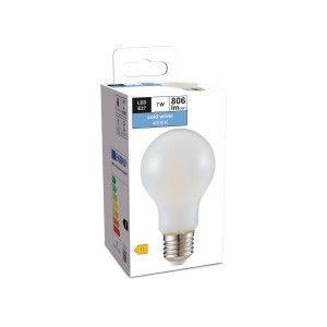 Lampadina LED E27, forma classica, 7 W, bianco freddo, 806 lm, nella confezione del prodotto.