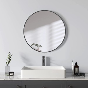 Specchio di design rotondo DSK Picasso, Ø 50 cm, con cornice nera in bagno.