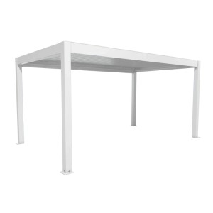 Weiße Biohort Pergola 5x3 m, eine moderne Terrassenüberdachung mit Lamellendach.