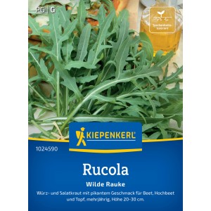 Sachet de graines de roquette sauvage Kiepenkerl avec des feuilles de roquette fraîches.