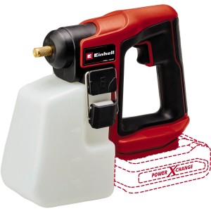 Pulvérisateur à batterie Einhell Power X-Change GE-WS 18/10 Li-Solo, rouge et noir, avec réservoir transparent et buse en laiton.