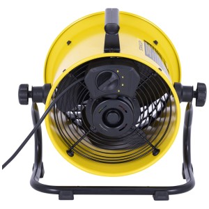 Ventilateur industriel jaune Stanley Ø 25 cm avec grille de protection noire et support.