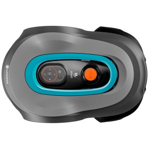Robot tondeuse Gardena smart Sileno pro, boîtier gris avec commandes et ligne turquoise.