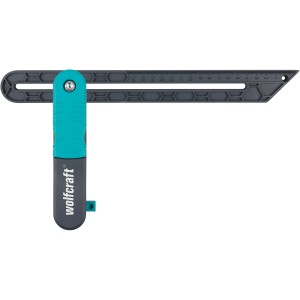 Équerre à onglet wolfcraft avec fonction de traçage pour stratifié et parquet. Rapporteur d'angle gris et turquoise.