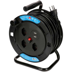 Enrouleur de câble noir 20m avec 3 prises, 2 ports USB et protection thermique.