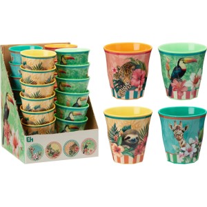 Mug en mélamine, 290 ml, avec motifs jungle (toucan, léopard, paresseux, girafe), 1 pièce, compatible lave-vaisselle.