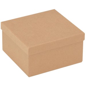 Quadratische, braune Pappbox (125x125x65 mm) mit Deckel, geeignet zum Basteln und Bemalen.