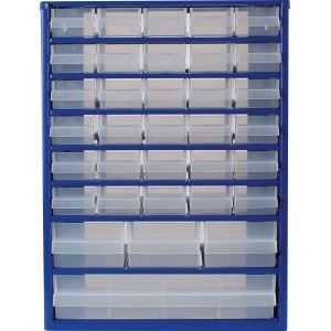 Magazzino in acciaio blu LUX-TOOLS con 34 cassetti trasparenti per lo stoccaggio di piccole parti.