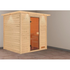 Sauna Karibu Adelina con tettoia LED in legno naturale e porta in vetro bronzato.