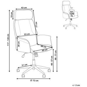 Schizzo di sedia da ufficio Pilot grigia con dimensioni: altezza 117-126cm, larghezza seduta 49cm, carico massimo 120kg.