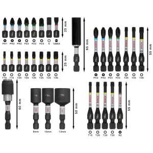 Set di inserti Bosch Professional PRO Impact da 33 pezzi con vari inserti per cacciavite e chiavi a bussola.