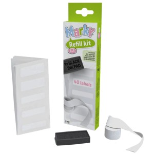 Kit di ricarica per timbro tessile Marky: tampone, nastro tessile ed etichette per colori per hobby.