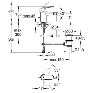 Disegno tecnico del miscelatore per bidet Grohe Eurosmart con dimensioni per l'installazione.