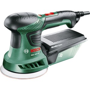 Ponceuse excentrique Bosch PEX 300 AE : ponceuse verte avec boîte à poussière.