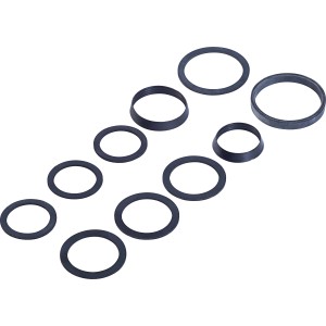 Assortimento di guarnizioni per sifone, guarnizioni a cuneo e guarnizioni piatte in varie dimensioni.