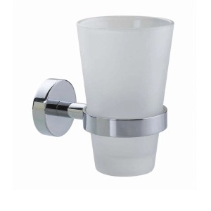 Nie Wieder Bohren Zahnputzbecher Smooz mit satinierter Glas-Optik und verchromter Halterung.