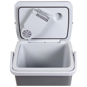 Glacière thermoélectrique Kibernetik KB19 grise, 26 l, ouverte. Vue intérieure du système. Idéale pour voiture et camping.