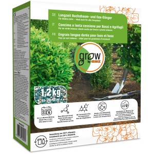 Engrais longue durée GROW by OBI pour buis et houx, paquet de 1,2 kg pour une croissance dense et verte.