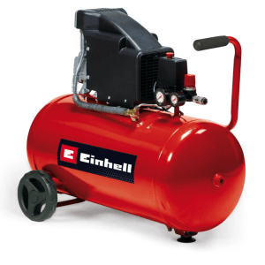 Compresseur rouge Einhell TC-AC 190/50/8 avec réservoir 50 litres, roues et poignée.