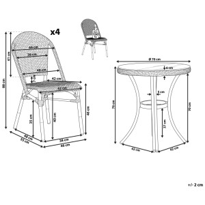 Schéma de l'ensemble de meubles de jardin Beliani Rifreddo : table, 4 chaises, dimensions. Polyrattan.