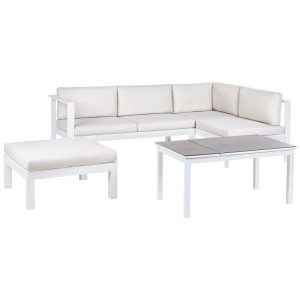Set divano angolare da giardino Beliani Messina, bianco/crema, con divano, tavolo e sgabello. Arredo lounge da giardino.