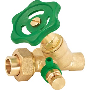 Robinet d'équerre en laiton Ø 15 mm avec volant vert pour le contrôle du débit.