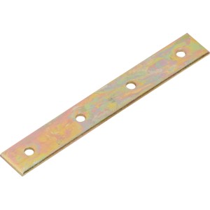 Connecteur plat zingué jaune, 120x15 mm, avec trous de fixation.