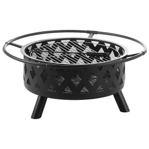 Schwarze Beliani Feuerstelle Mayon aus Stahl mit Grillrost und Funkenschutz.