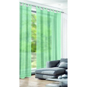 Tenda a passanti Crépe color menta con fettuccia, 245x135 cm, drappeggiata davanti alla finestra.
