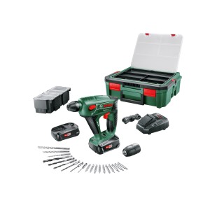 Ensemble perforateur-burineur sans fil Bosch UneoMaxx avec batteries, chargeur, coffret système et set d'accessoires 148 pièces.