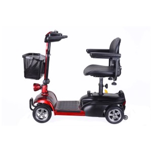 Scooter électrique Easy rouge avec panier, siège et accoudoirs. Vélo électrique compact pour seniors et personnes à mobilité réduite.