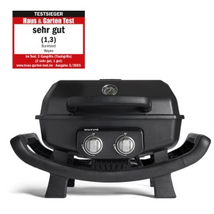 Schwarzer Burnhard Balkongrill Wayne mit 2 Brennern und Deckelthermometer.