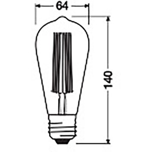 Technische Zeichnung Osram LED-Leuchtmittel E27 ST64, Maße: 14 x 6,4 cm (H x Ø)