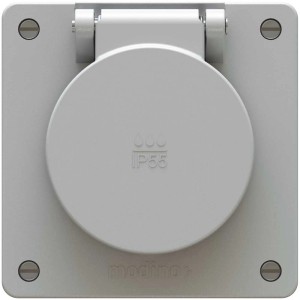 Prise apparente Exo type 13 gris clair avec protection IP55 pour pièces humides et extérieures.