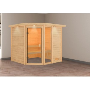 Sauna in legno massello Karibu Tabea con corona LED e porta in vetro bronzato.