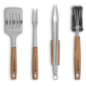 Set BBQ Burnhard 4 pezzi: pinza, spatola, forchetta, spazzola. Acciaio inox con manici in legno acacia.