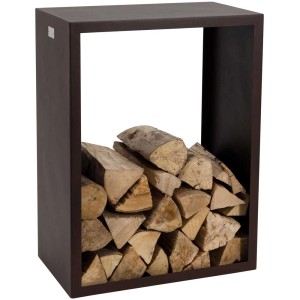 Étagère à bûches Nova 80 en acier aspect rouille, remplie de bois de chauffage.