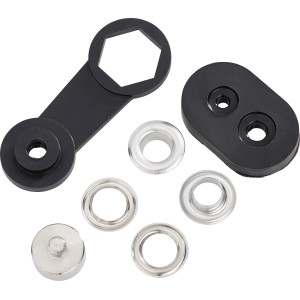 Set di occhielli per tiranti, 15mm, ottone grigio, con strumento per fissare gli occhielli.
