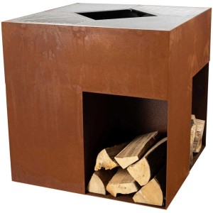 Brasero en acier rouillé Quadro Ruggine avec rangement pour bois et surface de grill.