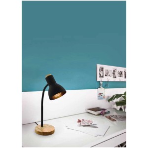 Lampada da tavolo nera Eglo Veradal con base in legno e braccio flessibile. Lampada da tavolo di design per scrivania.