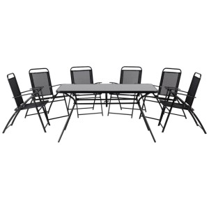 Ensemble de jardin Beliani Livo 6 places noir: table rectangulaire avec plateau en verre, six chaises pliantes.