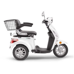 E-Mobil E3800 blanc avec panier, siège avec accoudoirs. Vélo électrique confortable pour seniors et personnes à mobilité réduite.