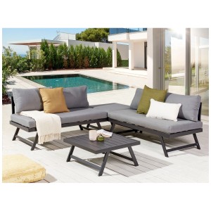 Ensemble lounge 5 places Beliani Coccorino en aluminium noir avec table et coussins gris.