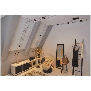 Set base sistema a cavo Paulmann nero, 12m, max. 60W, 12V, montato nella stanza.